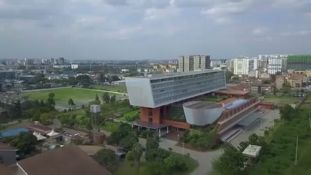 Aerial view of the cantilevered building with Nairobi in the distance